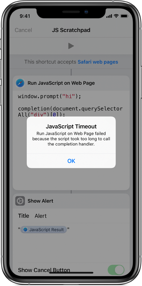 L’éditeur de raccourci affichant le message d’erreur Expiration du délai JavaScript.