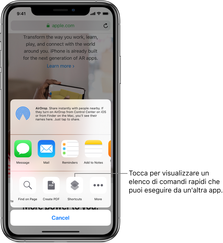 Pulsante per i comandi rapidi nel pannello di condivisione dell’app di Safari.