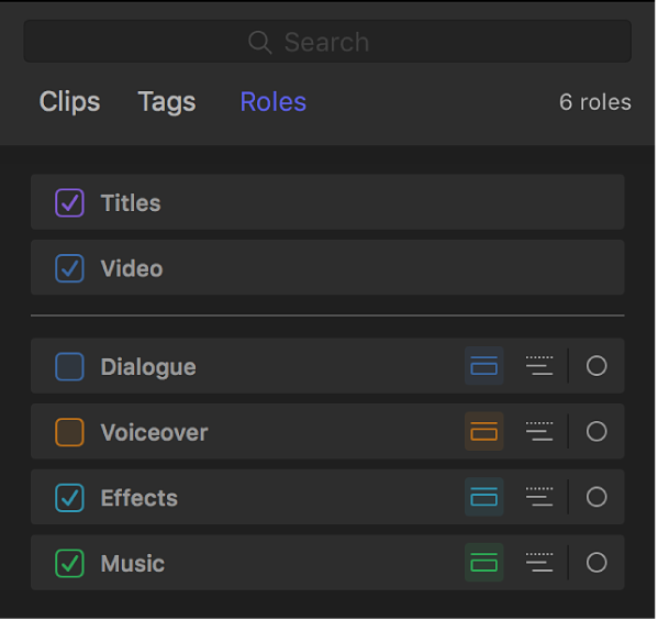 Der Bereich „Rollen“ des Timeline-Index mit abgewählten Markierungsfeldern für die Rollen „Dialog“ und „Voiceover“