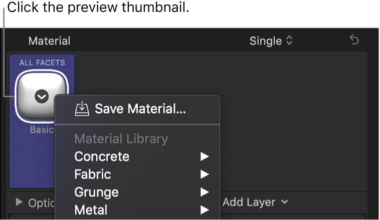 Der Bereich „3D-Text“ des Informationsfensters „Text“ mit dem Einblendmenü mit Materialvoreinstellungen