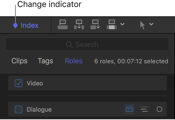 Der obere Bereich des Timeline-Index mit einem rautenförmigen Änderungsanzeiger in der Taste „Index“