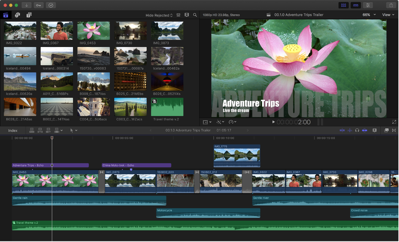 Das Final Cut Pro-Fenster mit Übersicht, Viewer und Timeline