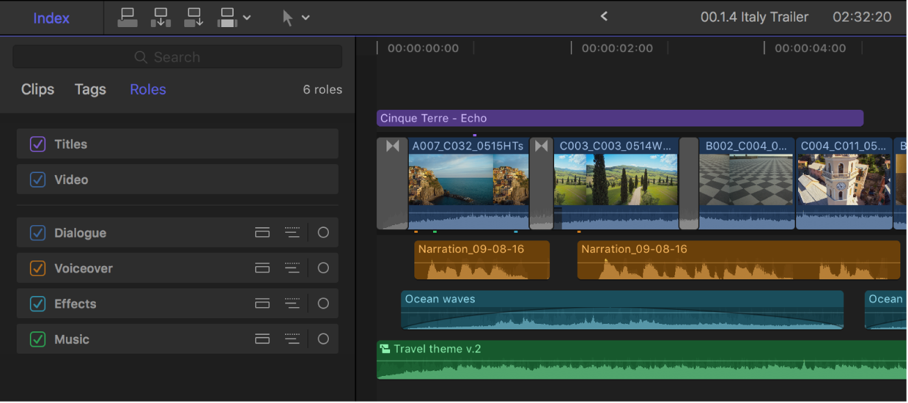 The Roles pane of the timeline index on the left, and the timeline on the right in default view