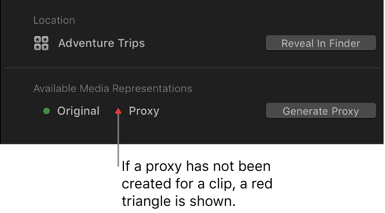 The Info inspector showing a red triangle indicating that no proxy file exists for the selected clip