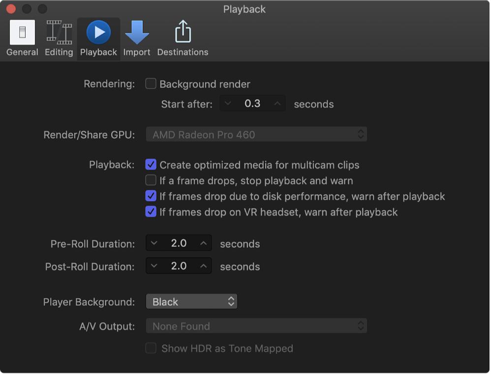 The Playback pane of the Preferences window