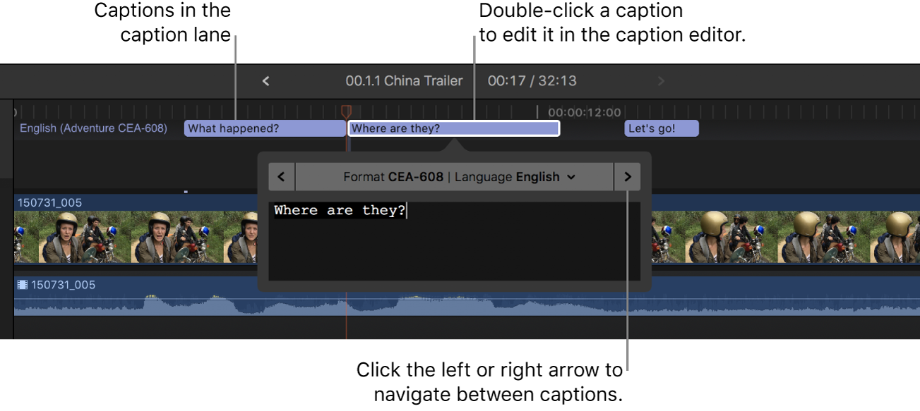 The caption editor and three captions in the timeline