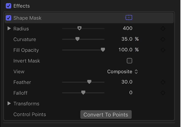 The Shape Mask controls in the Video inspector