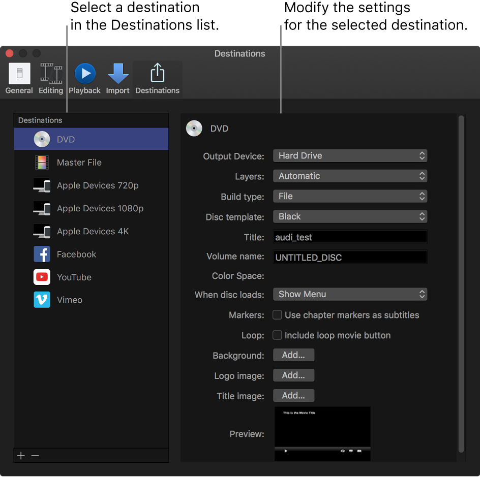 The Destinations pane of the Preferences window showing the DVD destination selected in the list on the left