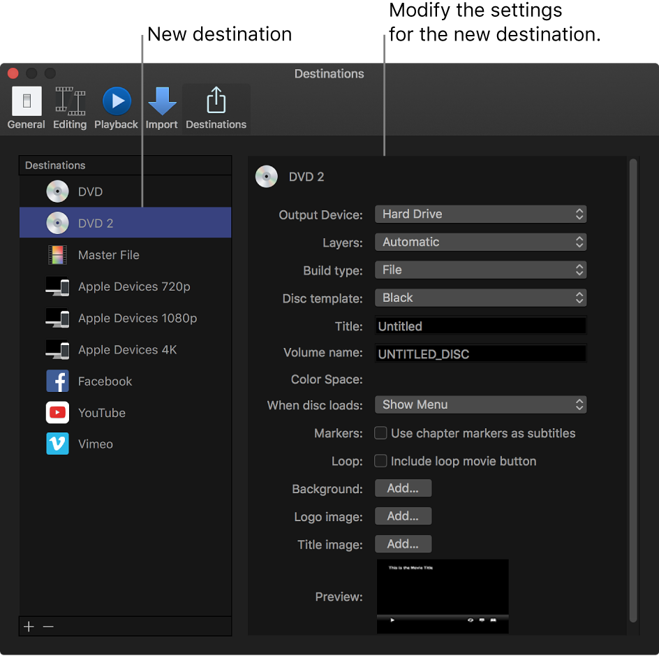 The Destinations pane of the Preferences window showing a duplicated DVD destination selected in the list on the left