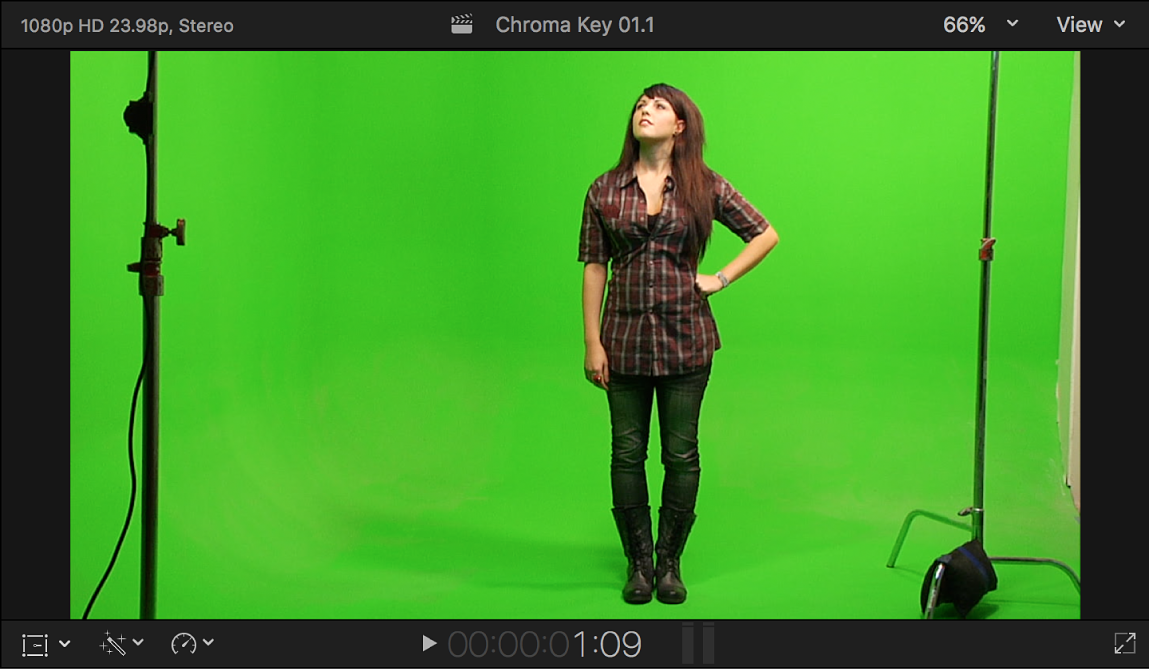 The viewer showing the chroma key foreground video with an image of a woman against a green background