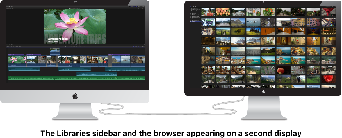 The Libraries sidebar and the browser shown on a second display