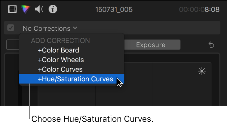 Opción “Curvas de matiz/saturación” seleccionada en la sección “Añadir corrección” del menú desplegable de la parte superior del inspector de color