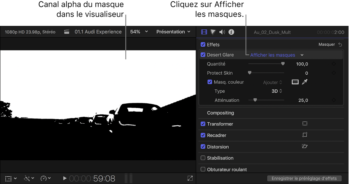 Visualiseur à gauche affichant le canal alpha du masque de couleur d’un plan et inspecteur vidéo ouvert à droite