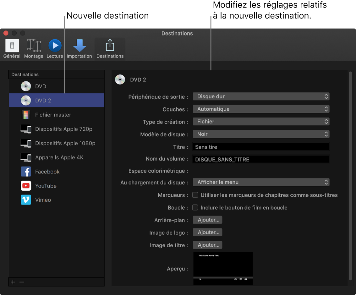 Fenêtre Destinations de la fenêtre Préférences montrant une destination de DVD dupliqué, sélectionnée dans la liste de gauche