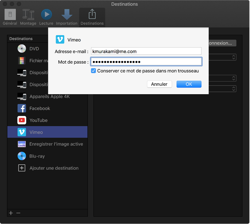 Fenêtre de saisie du nom du compte Vimeo et de son mot de passe pour une destination Vimeo