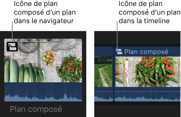 Une icône de plan composé sur un plan dans le navigateur et dans la timeline