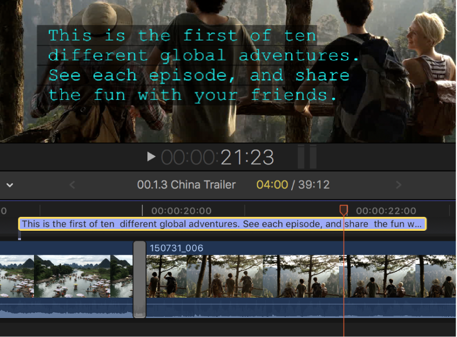 检视器和时间线中的一个四行字幕