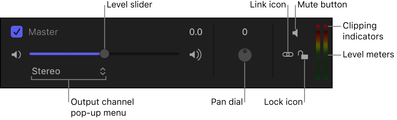 Liste „Audio“ mit den Steuerelementen für die Master-Audiospur wie dem Aktivierungsfeld, Regler „Pegel“ und „Panorama“, Taste „Ton aus“, Einblendmenü „Ausgangskanal“, Schlosssymbol, Lautstärkereglern und Übersteuerungskennzeichen