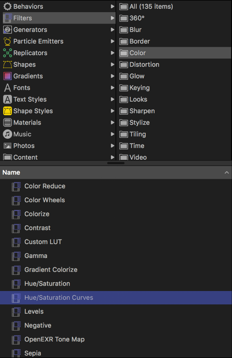 Library showing Color filters category selected