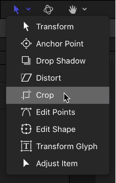 Selecting the Crop tool from the transform tools pop-up menu