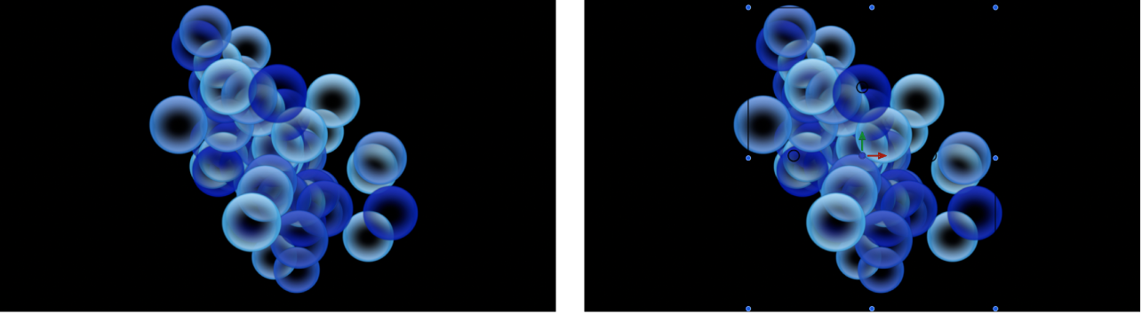 Canvas and Inspector showing particle system set to Pick From Color Range and the gradient used to determine colors