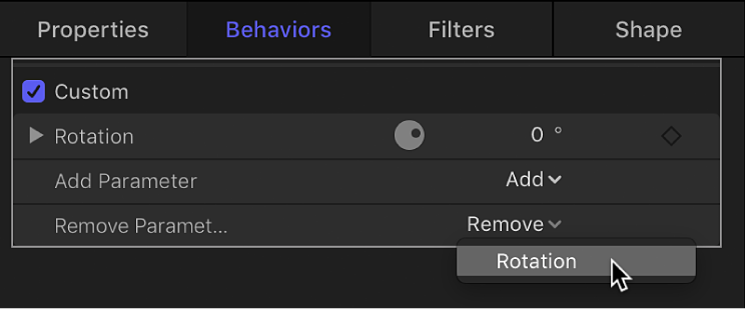 Behaviors Inspector showing parameter being removed from a Custom behavior