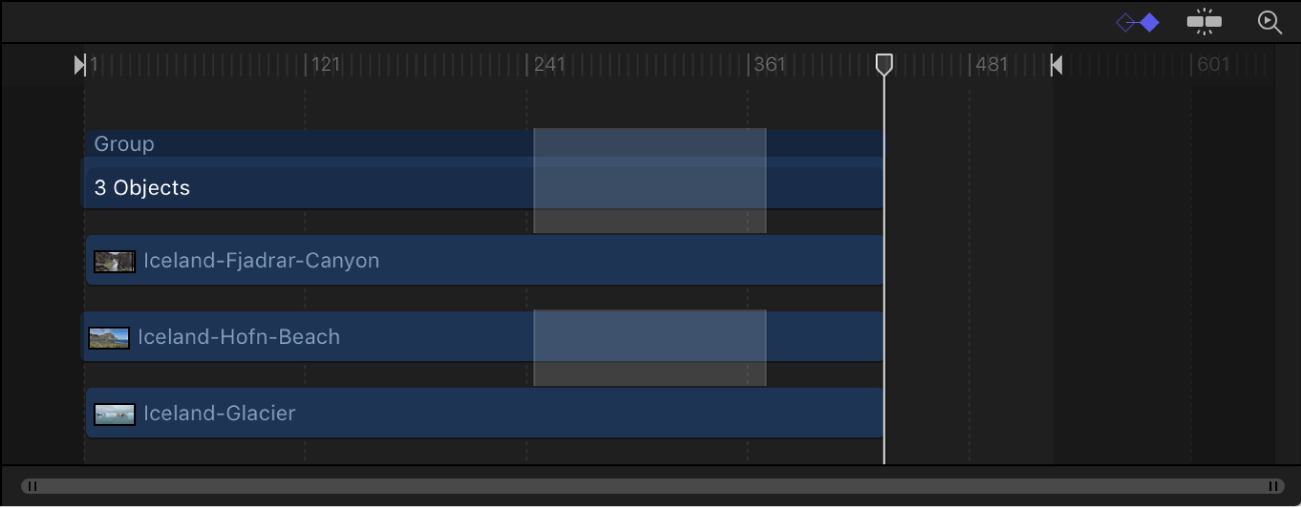 Timeline showing one track deselected from a region