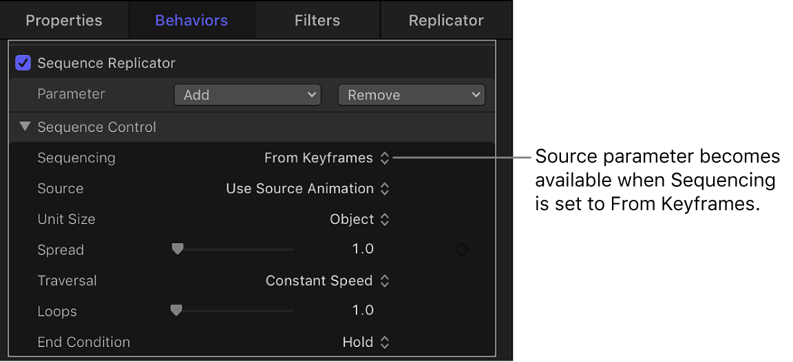 Behaviors Inspector showing Source parameter that appears when Sequencing pop-up menu is set to Custom