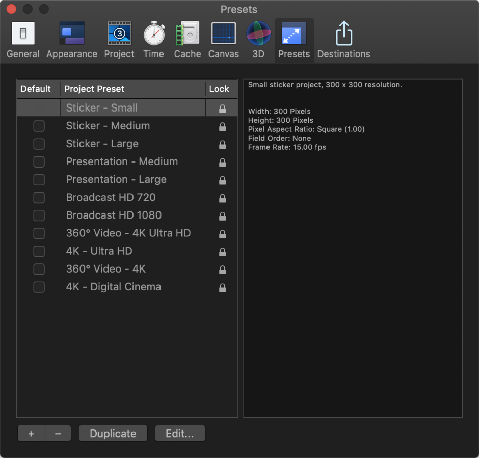 Motion Preferences window showing Presets pane