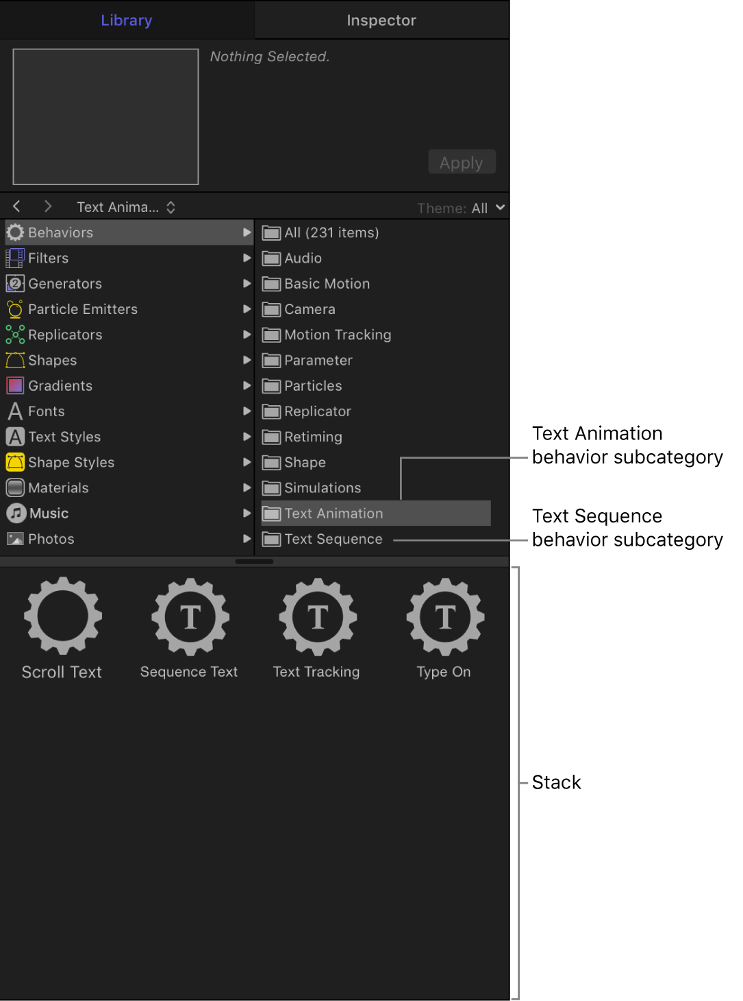 Biblioteca con la subcategoría de comportamientos “Animación de texto”