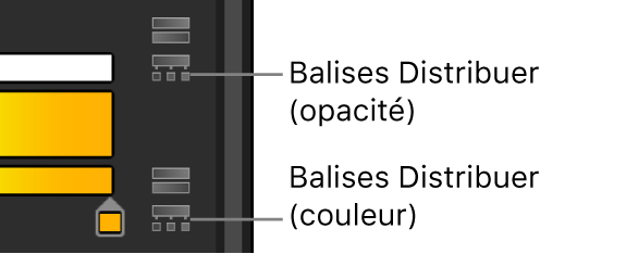 Éditeur de dégradé affichant les icônes Distribuer les balises pour l’opacité et la couleur