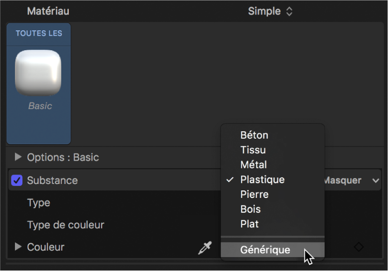 Sélection de Générique dans le menu local Substance de la fenêtre Apparence de l’inspecteur de texte