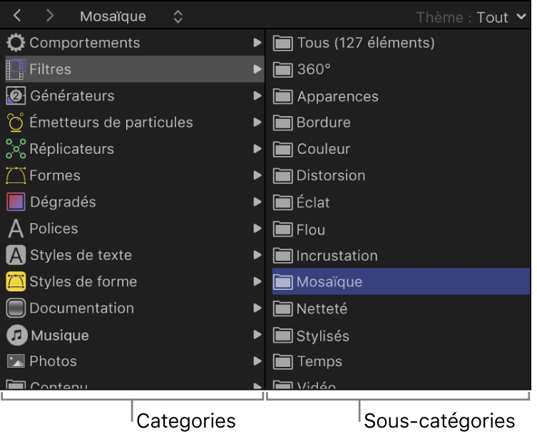 Zone de la barre latérale dans la bibliothèque