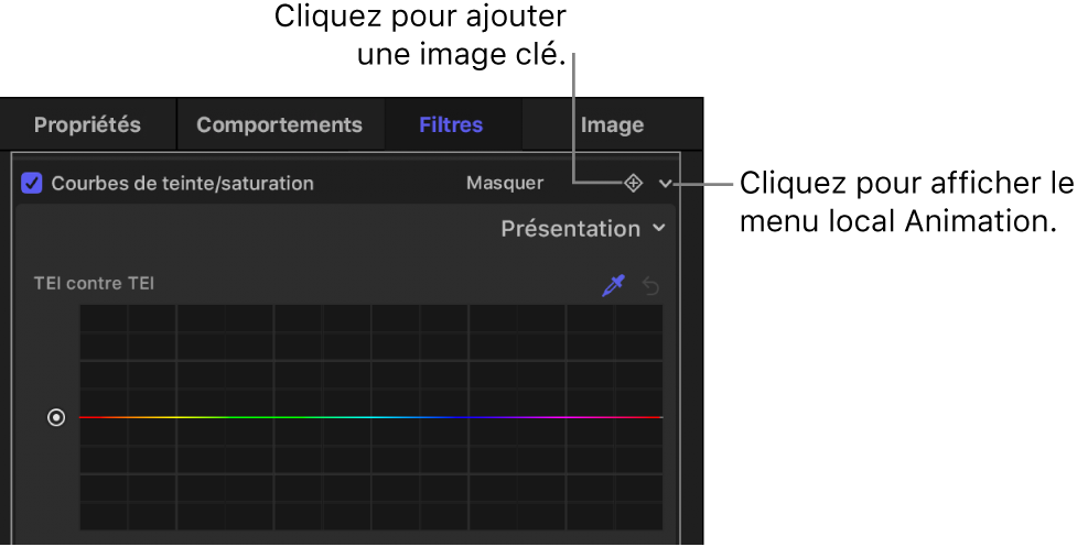 Inspecteur de filtres affichant le bouton « Ajouter une image clé » et le bouton du menu local Animation