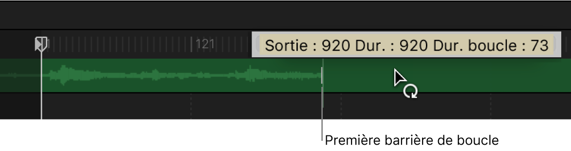 Timeline affichant une piste audio lue en boucle