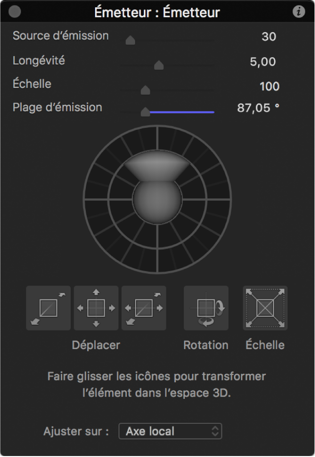 Palette affichant les commandes d’émetteur lorsque l’outil Ajuster transformation 3D est sélectionné