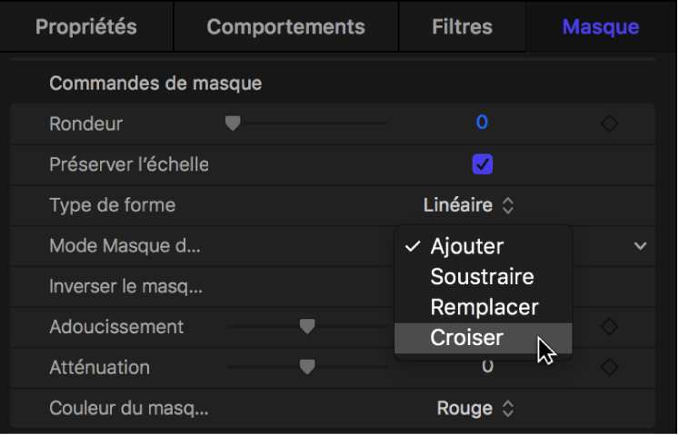 Fenêtre Masque affichant le menu local « Mode Masque de fusion »