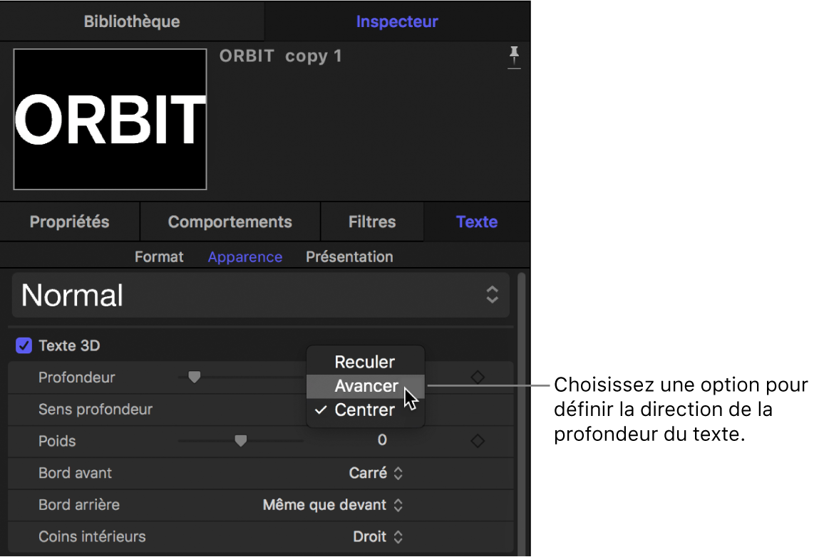 Fenêtre Apparence de l’inspecteur de texte affichant les options du menu local Sens de profondeur