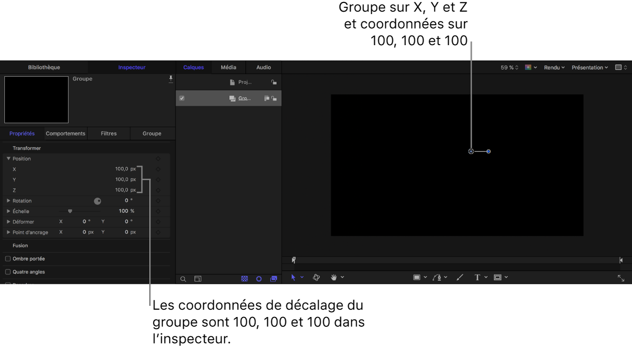 Canevas et inspecteur affichant un groupe placé aux coordonnées : X = 100, Y = 100, Z = 100