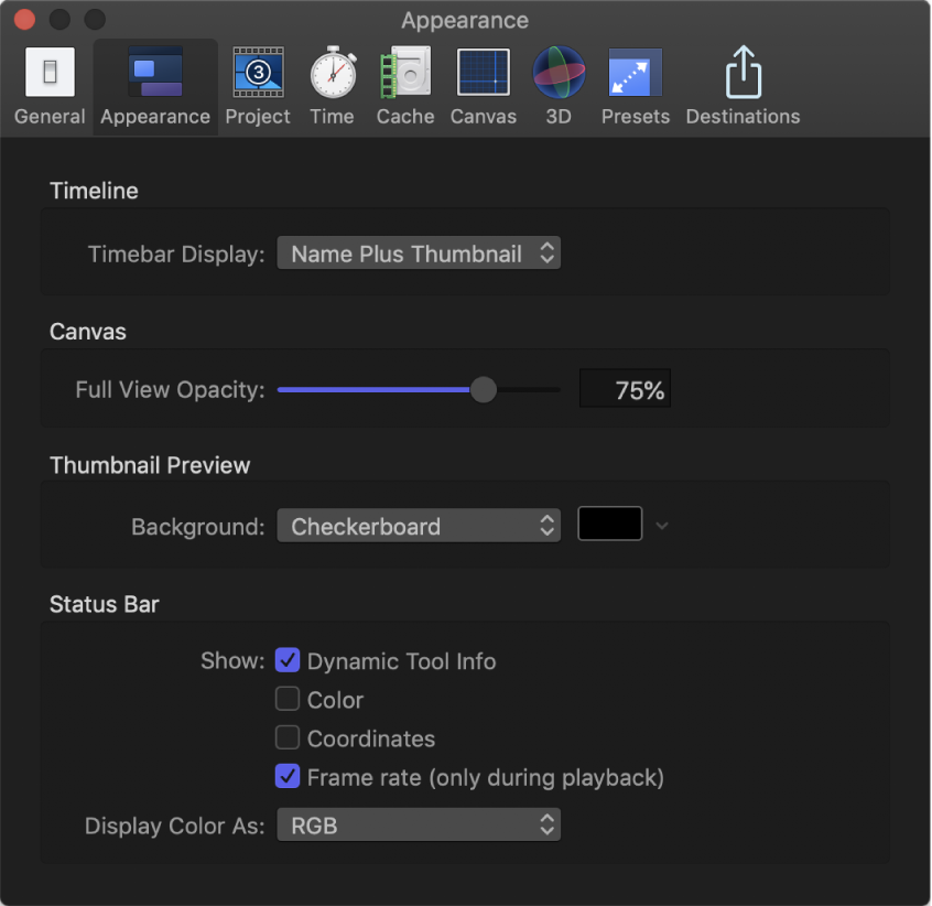 Motion環境設定ウインドウに、「アピアランス」パネルが表示されています