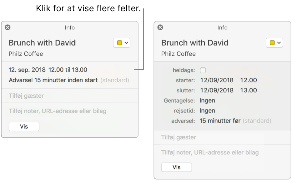 Infovindue for en begivenhed med oplysninger skjult (til venstre), og samme begivenheds infovindue med varighedsoplysninger vist (til højre).