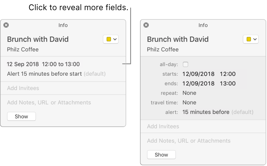 Info window for an event with details hidden (on the left), and the same event’s info window with duration details showing (on the right).