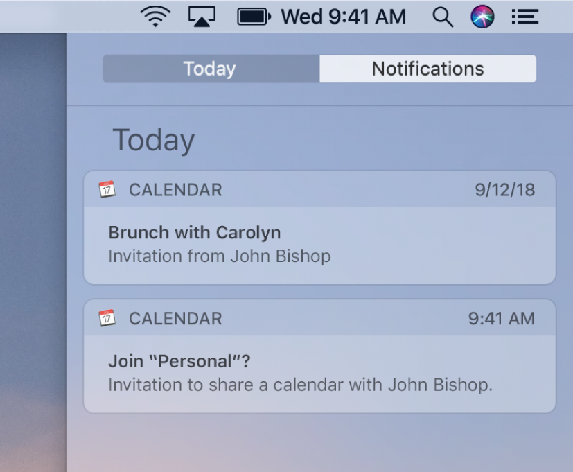 Calendar event notification and shared calendar notification in Notification Center