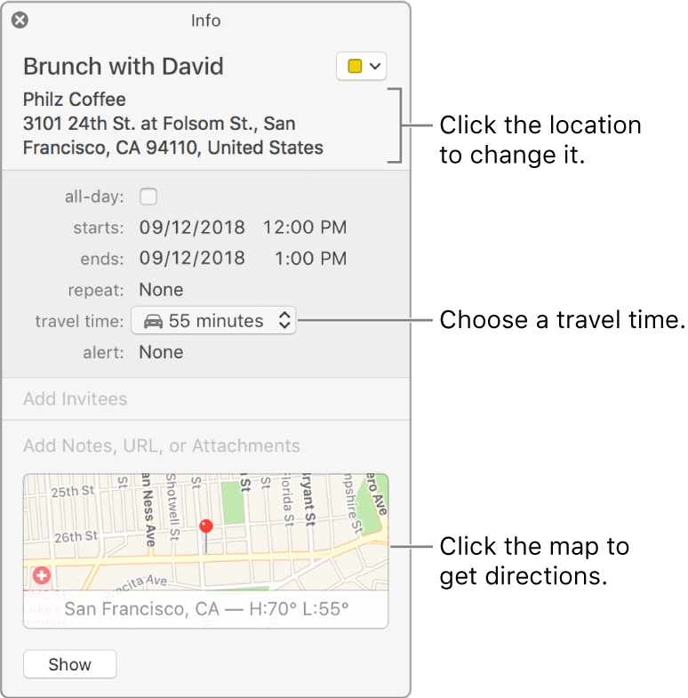 Info window for an event, with the pointer over the Travel Time pop-up menu. Choose a travel time from the pop-up menu. Click the location to change it. Click the map to get directions