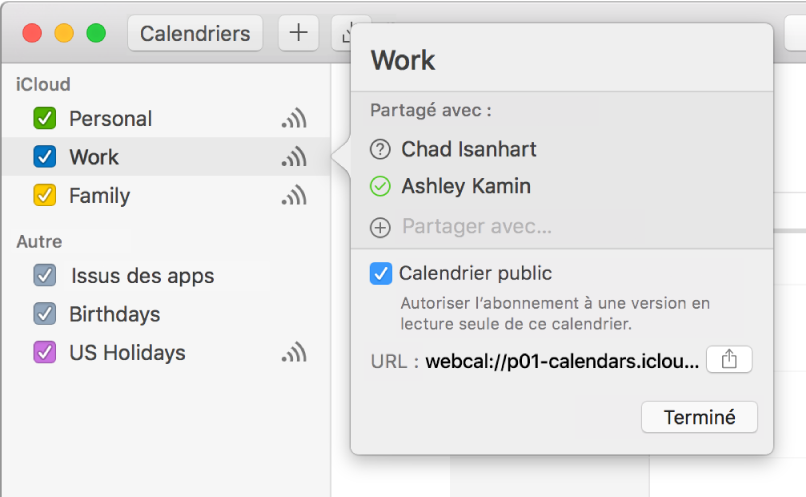 Fenêtre des réglages de partage avec deux personnes invitées à partager et l’option Calendrier public sélectionnée