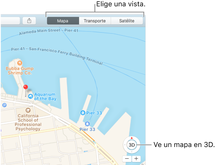 Haz clic en Mapa o Satélite en la barra lateral para cambiar la vista. Para ver un mapa en 3D, haz clic en el botón situado en la parte inferior de la ventana.