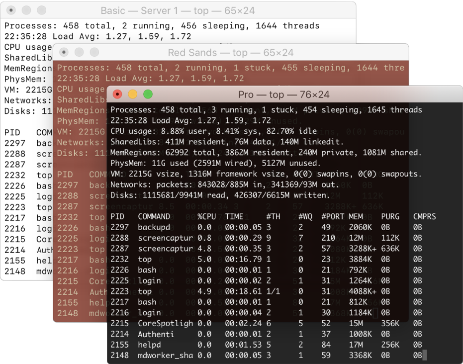 Three Terminal windows, each with a different background color.