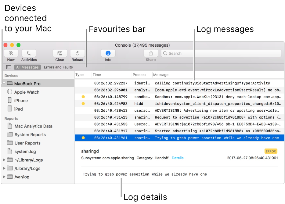 The Console window showing devices connected to your Mac on the left, log messages on the right, and log details on the bottom; there is also a Favourites bar showing your saved searches.