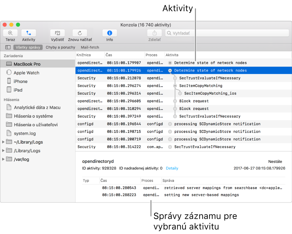 Okno Konzoly zobrazujúce aktivity v hornej časti a správy záznamov pre vybranú aktivitu v spodnej časti.