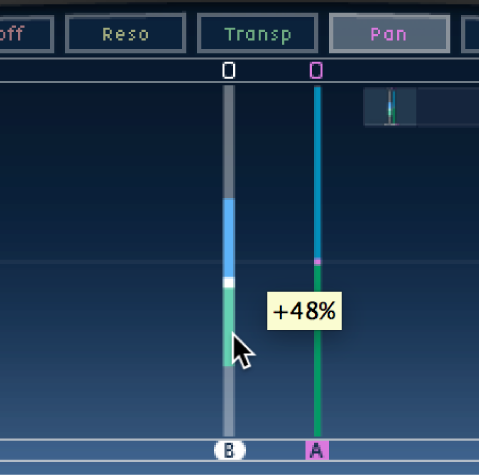 Die Tap-Anzeige von Delay Designer mit Bearbeitung des Stereo Spread